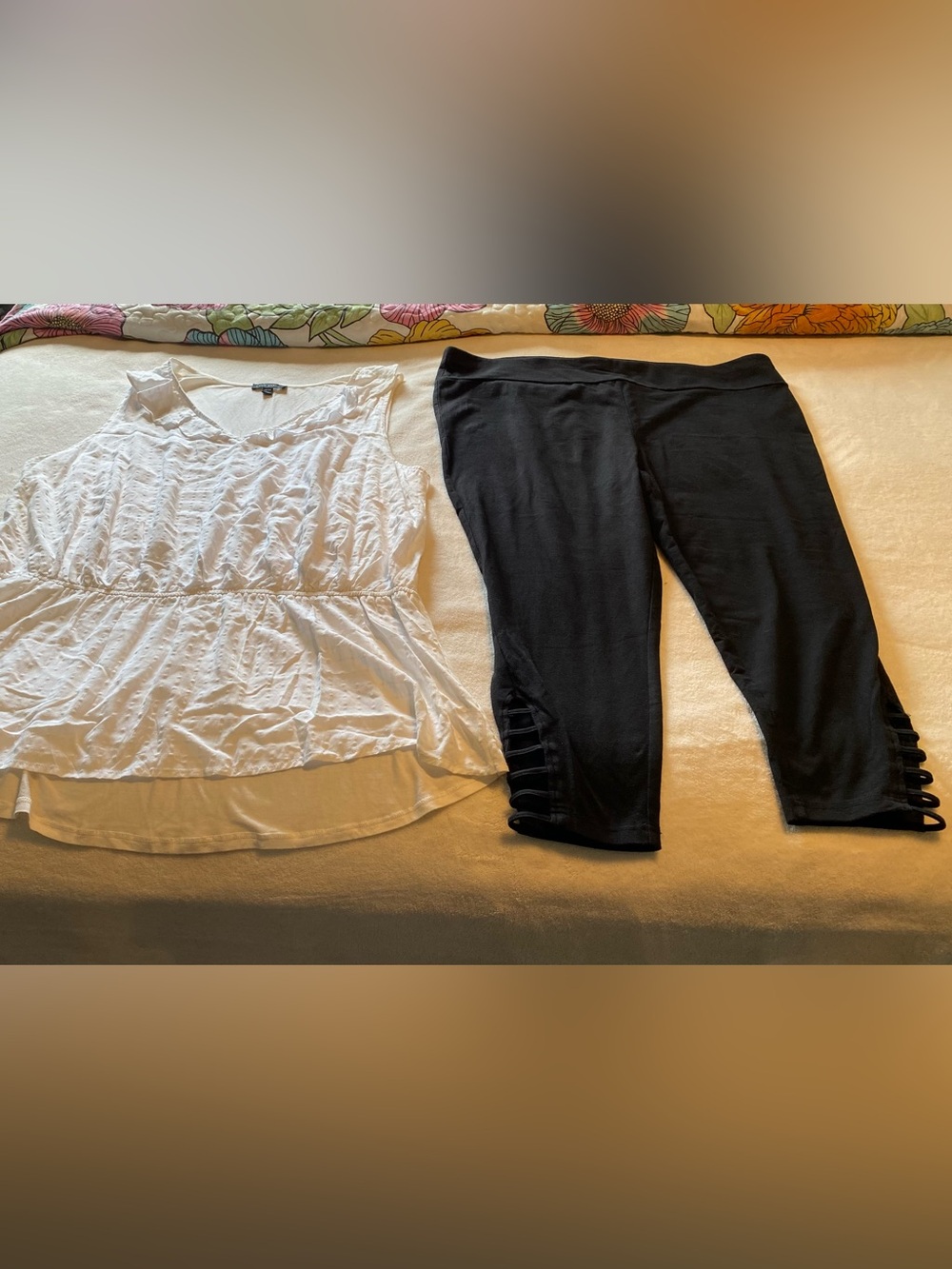 Black Capri Leggings with Ladder Hem - Women and white sleeveless shirt